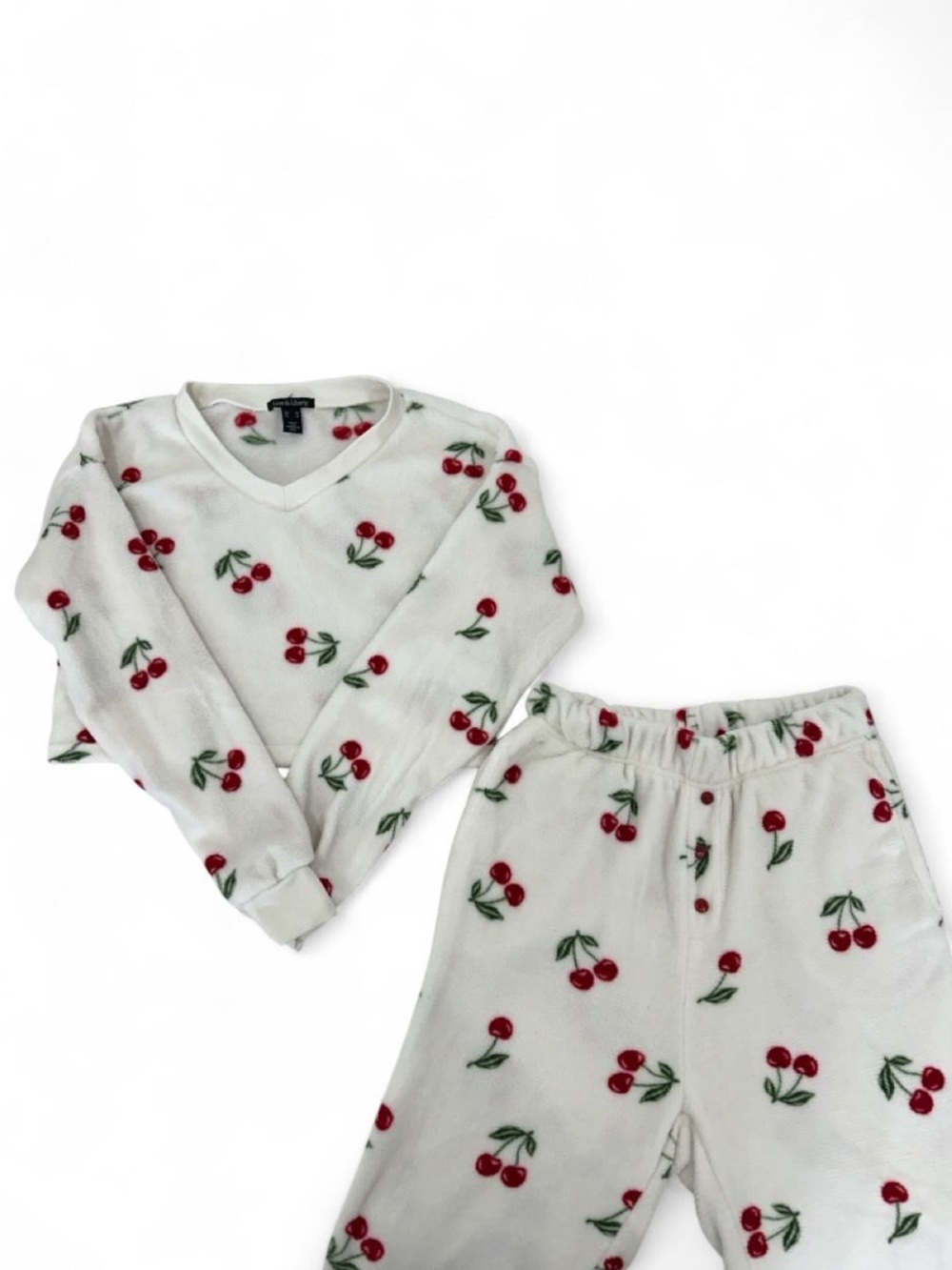 Cherry Print White Fleece Pajama Set